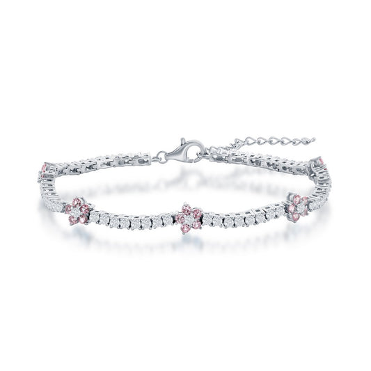 Sterling Silver Flower CZ Tennis Bracelet - Pink CZ