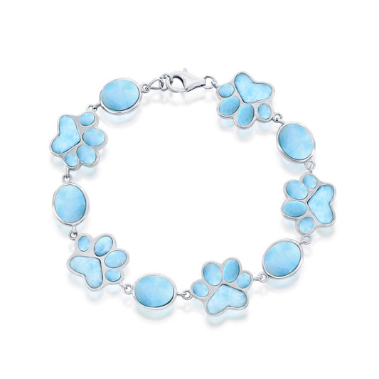 Sterling Silver Alternating Oval & Paw Print Larimar Bracelet