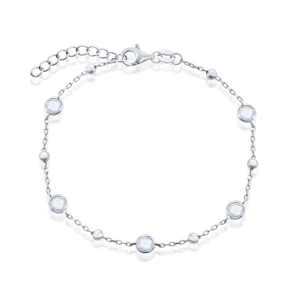 Sterling Silver Bezel-Set CZ & Bead Bracelet - White