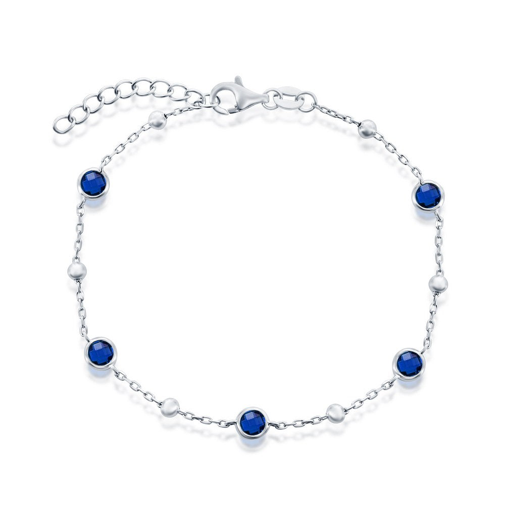 Sterling Silver Bezel-Set CZ & Bead Bracelet - Sapphire