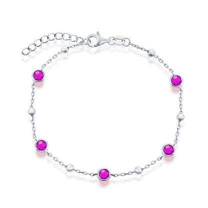 Sterling Silver Bezel-Set CZ & Bead Bracelet - Ruby