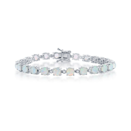 Sterling Silver Alternating Round White Opal & CZ Tennis Bracelet