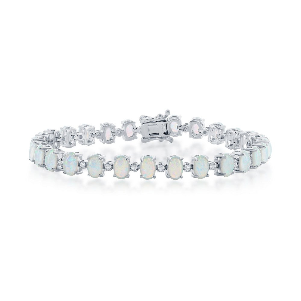 Sterling Silver Alternating Oval White Opal & Small CZ Tennis Bracelet