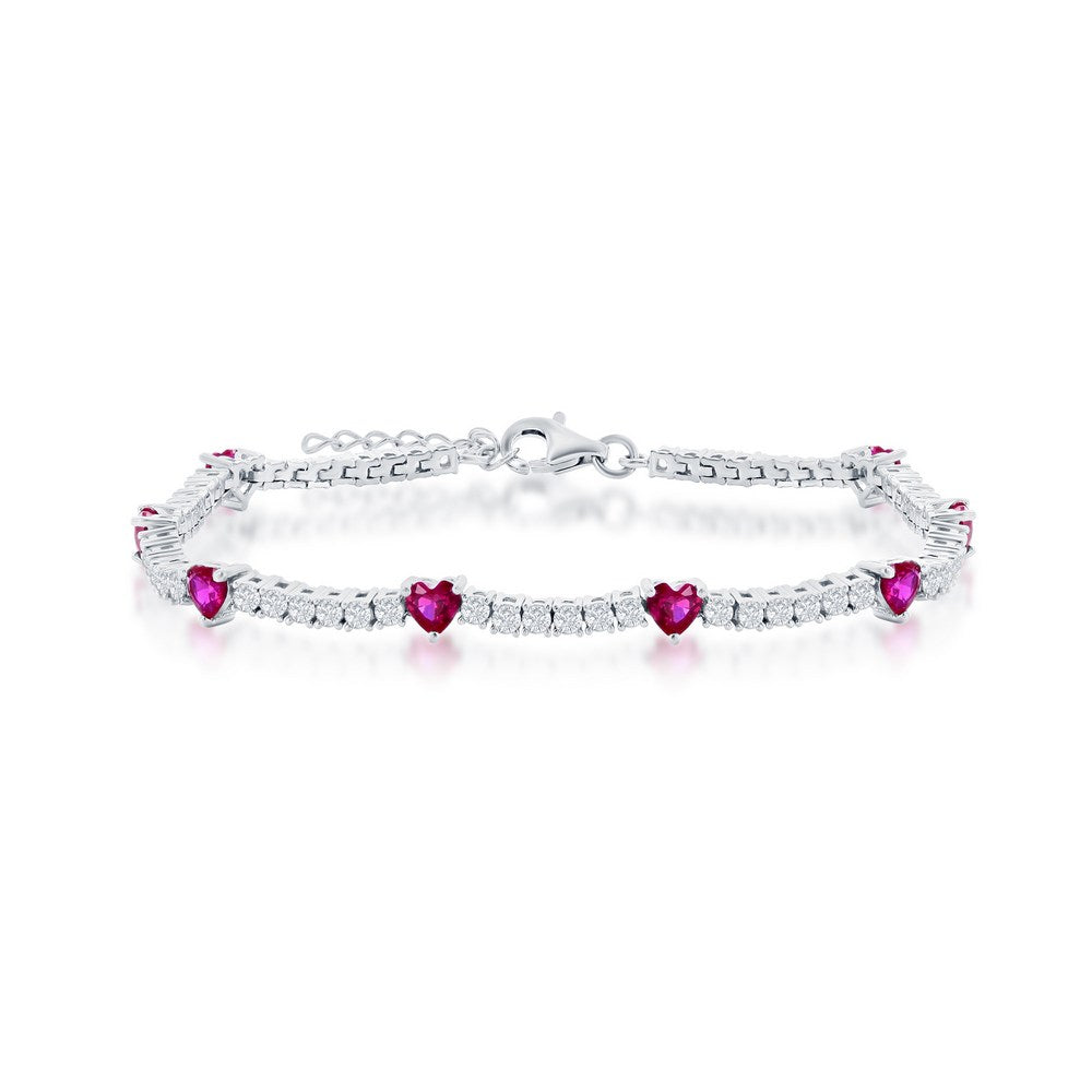 Sterling Silver Heart and CZ Tennis Bracelet - Ruby CZ