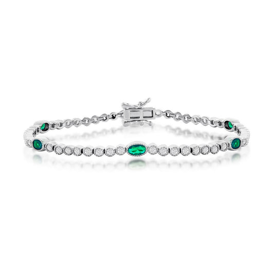 Sterling Silver Beaded Outline Round & Oval CZ Bracelet - Emerald