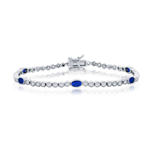 Sterling Silver Beaded Outline Round & Oval CZ Bracelet - Sapphire