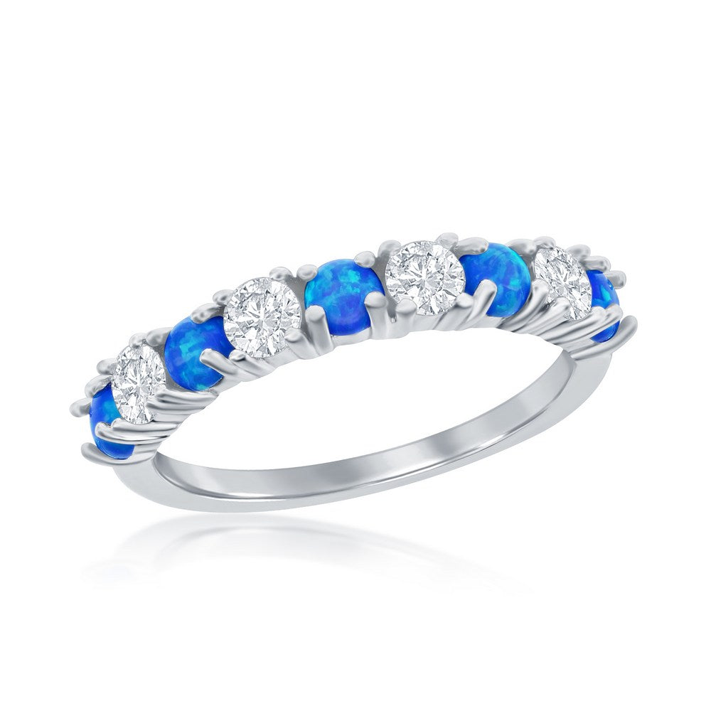 Sterling Silver White CZ & Blue Opal Band Ring