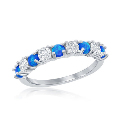 Sterling Silver White CZ & Blue Opal Band Ring