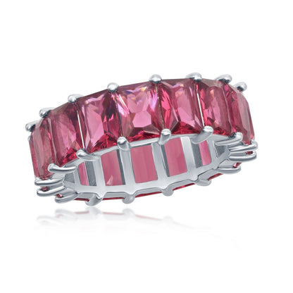 Sterling Silver 6mm Ruby CZ Emerald-Cut-Cut Eternity Band Ring