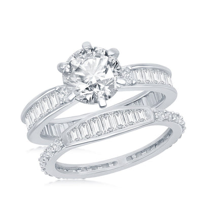 Sterling Silver Six-Prong Baguette CZ Band Engagement Ring Set