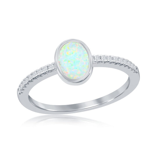 Sterling Silver White Inlay Opal Oval CZ Band Ring