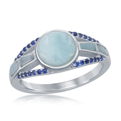 Sterling Silver Round Larimar Open Shank Sapphire CZ Ring