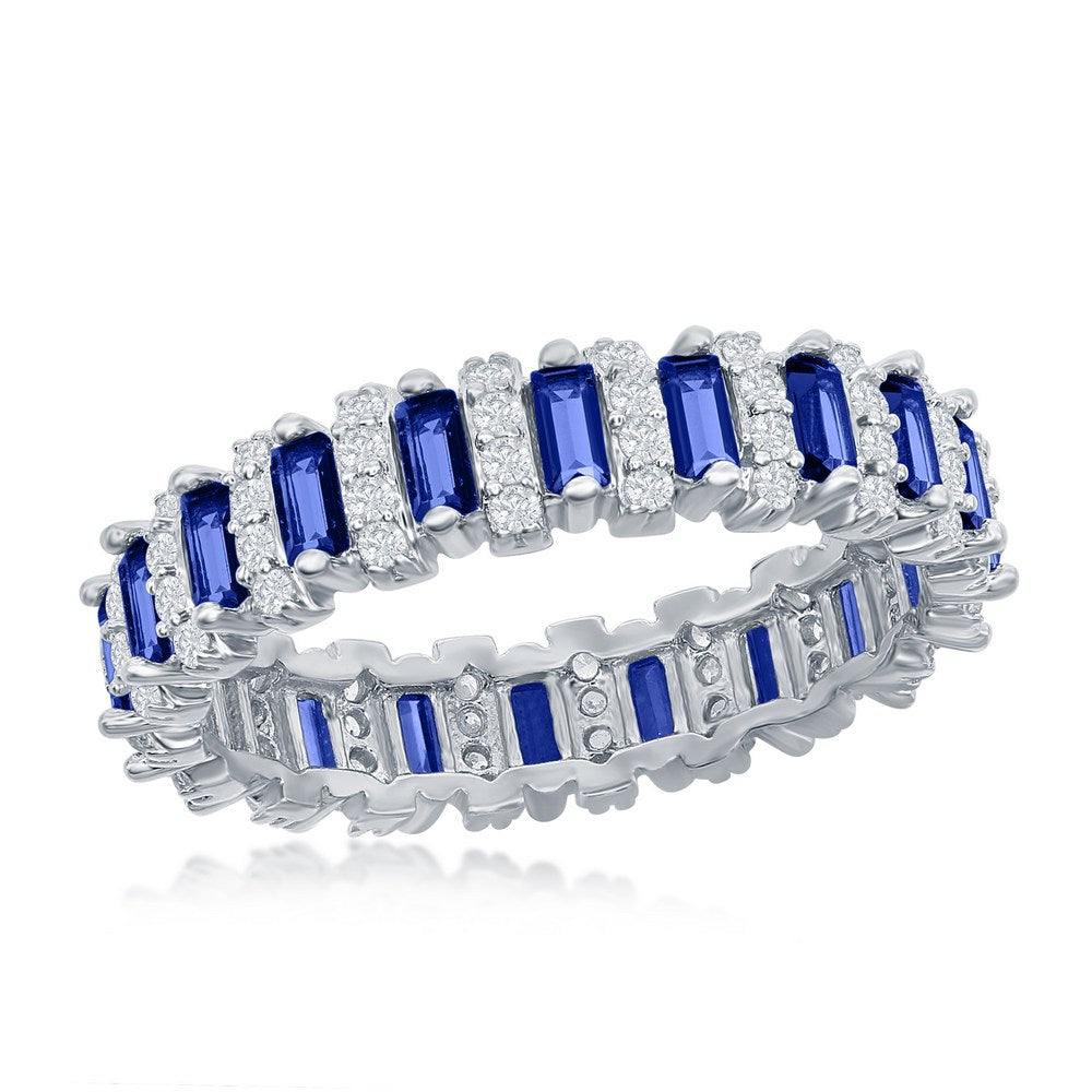 Sterling Silver Round & Baguette Eternity Band Ring - Blue Spine