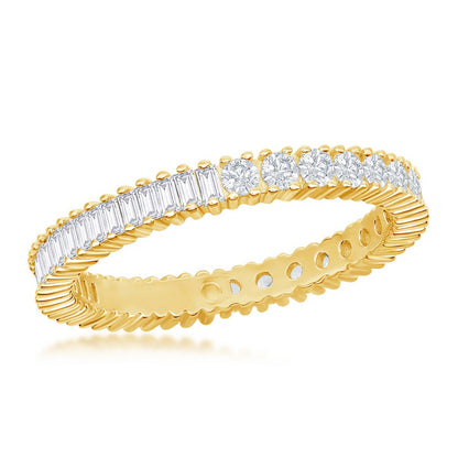 Sterling Silver Half Round and Half Baguette CZ Eternity Band Ring - Gold Plated