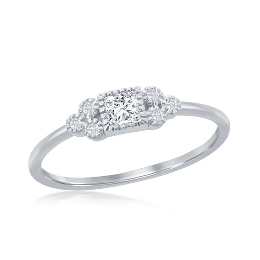 Sterling Silver Square with 3-Stone Sides CZ Ring