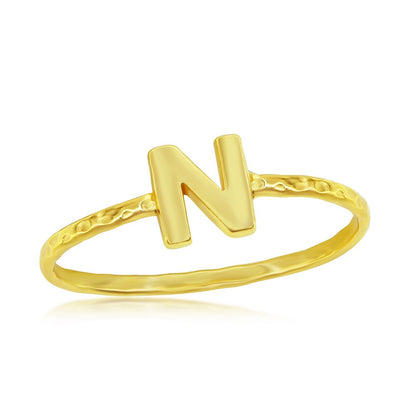 Sterling Silver 'N' Initial Hammered Band Ring - Gold Plated