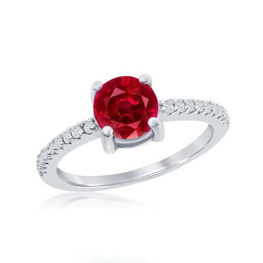 Sterling Silver 6mm Glass Filled Ruby with White Topaz Ring