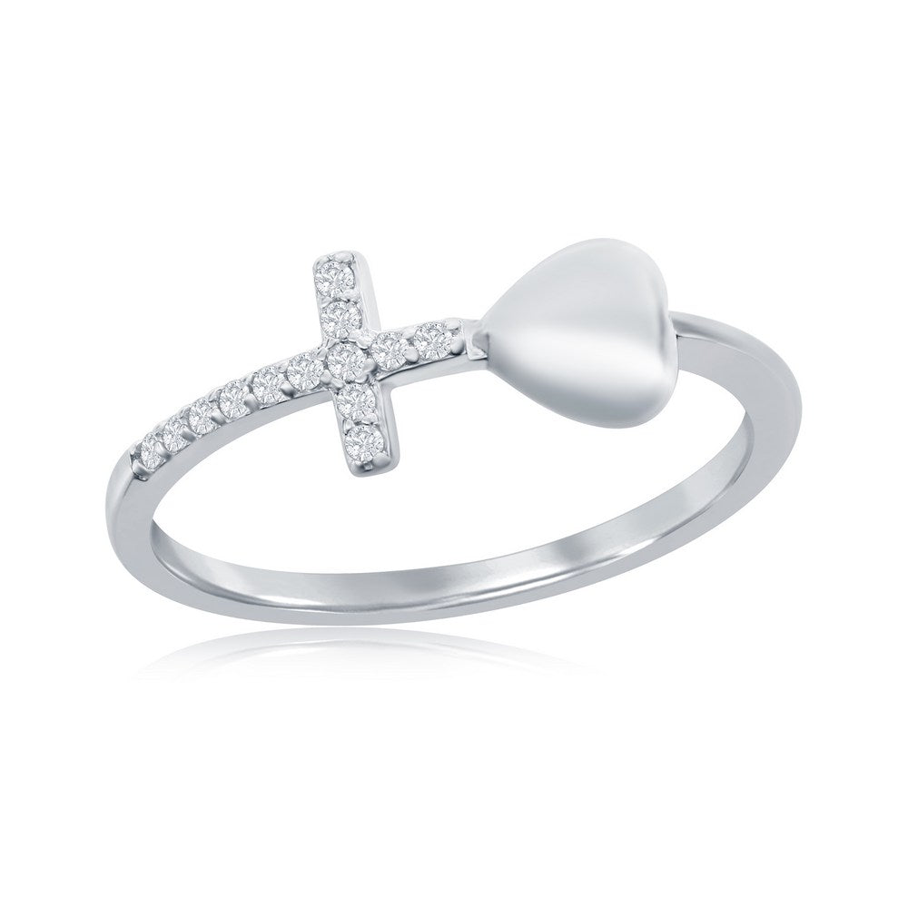 Sterling Silver Heart and CZ Cross Ring