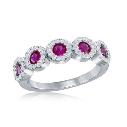 Sterling Silver Round White & Ruby CZ Half Eternity Ring