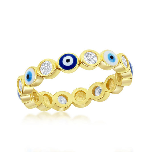 Sterilng Silver CZ, Blue & White Enamel Evil Eye Eternity Ring - Gold Plated