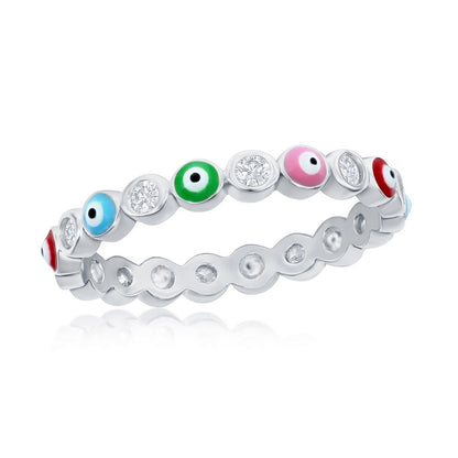 Sterling Silver CZ & Multi Color Enamel Evil Eye Eternity Ring