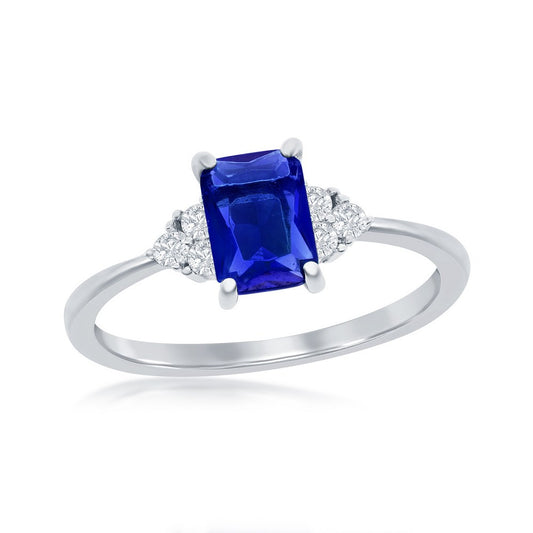 Sterling Silver Sapphire CZ & White CZ Cluster Side Stones Ring