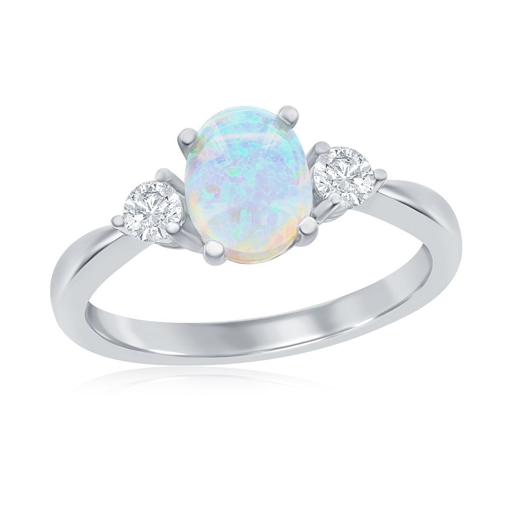 Sterling Silver Oval Opal and CZ Ring