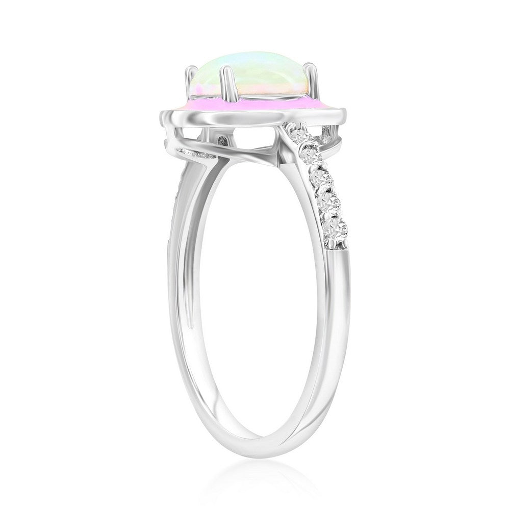 Sterling Silver White Opal & Pink Enamel Oval CZ Ring