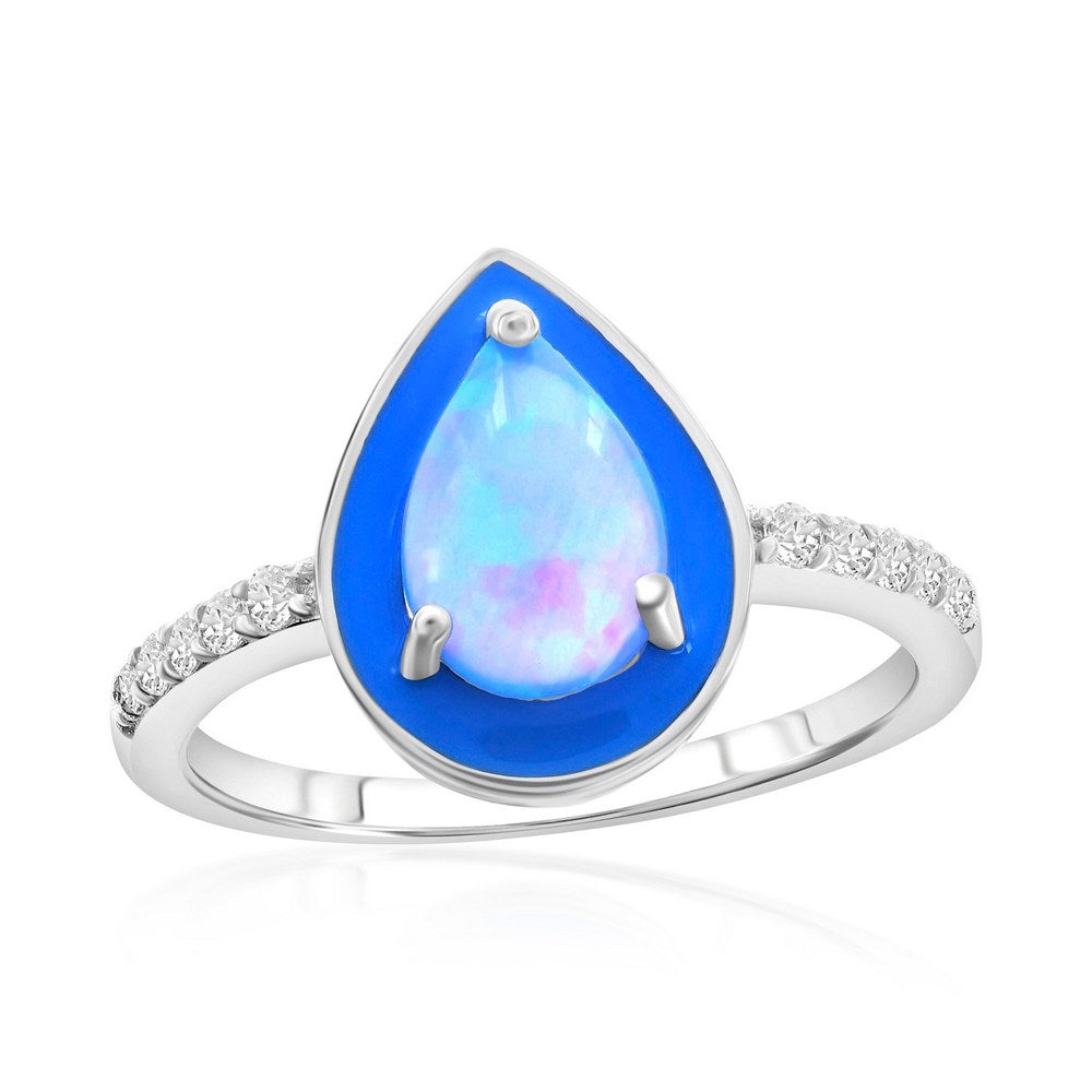 Sterling Silver White Opal & Blue Enamel Pearshaped CZ Ring