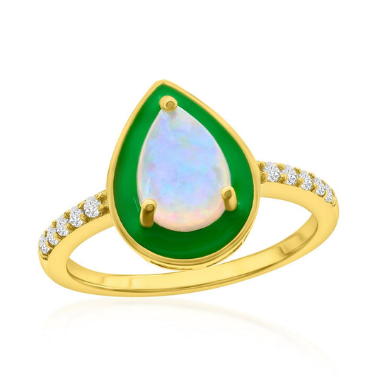 Sterling Silver White Opal & Green Enamel Pearshaped CZ Ring - Gold Plated