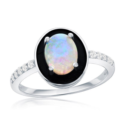 Sterling Silver White Opal & Black Enamel Oval CZ Ring