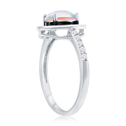 Sterling Silver White Opal & Black Enamel Oval CZ Ring