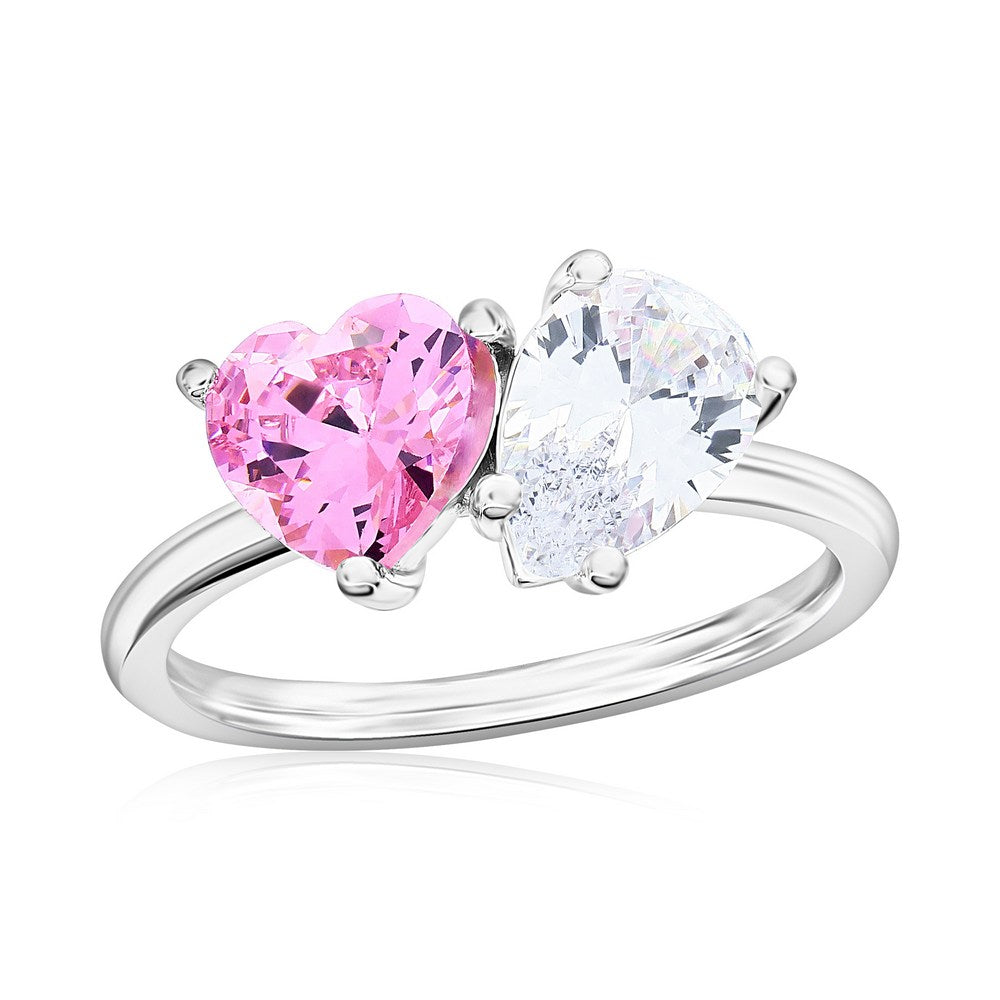 Sterling Silver Heart & Pearshaped CZ Ring -  Pink