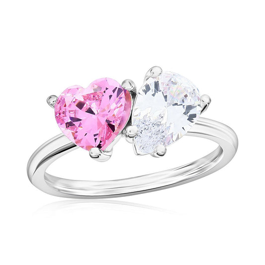 Sterling Silver Heart & Pearshaped CZ Ring -  Pink